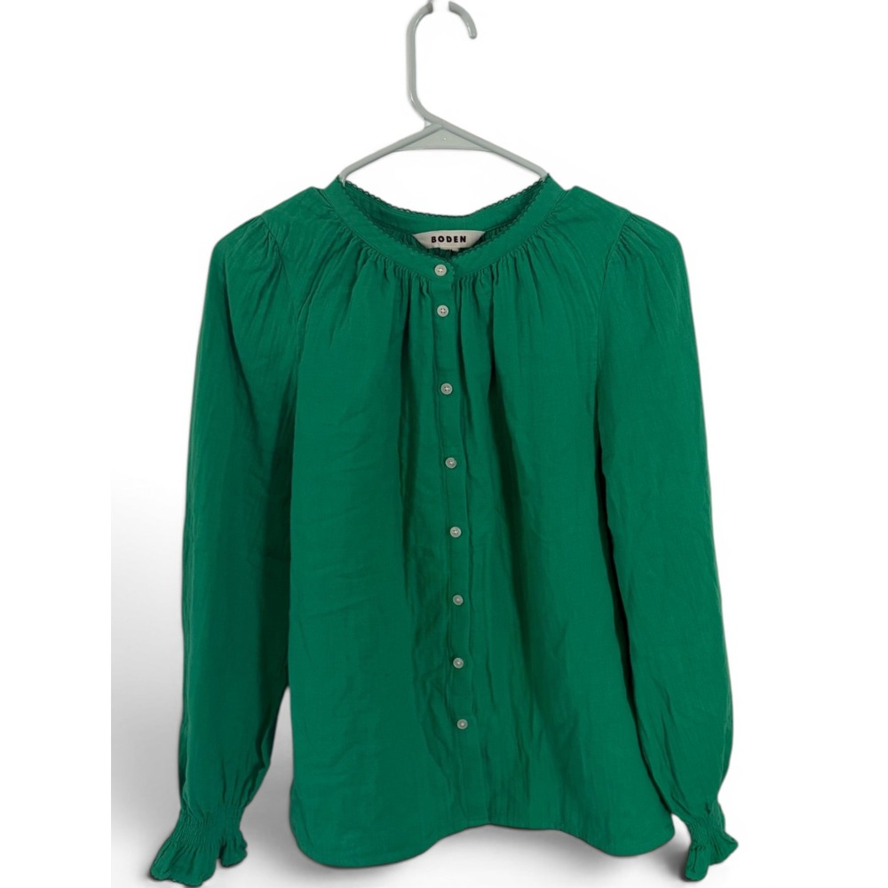 Boden Green Double Cloth Cotton Button Blouse Smocked Cuff Top 4 Gauze boho